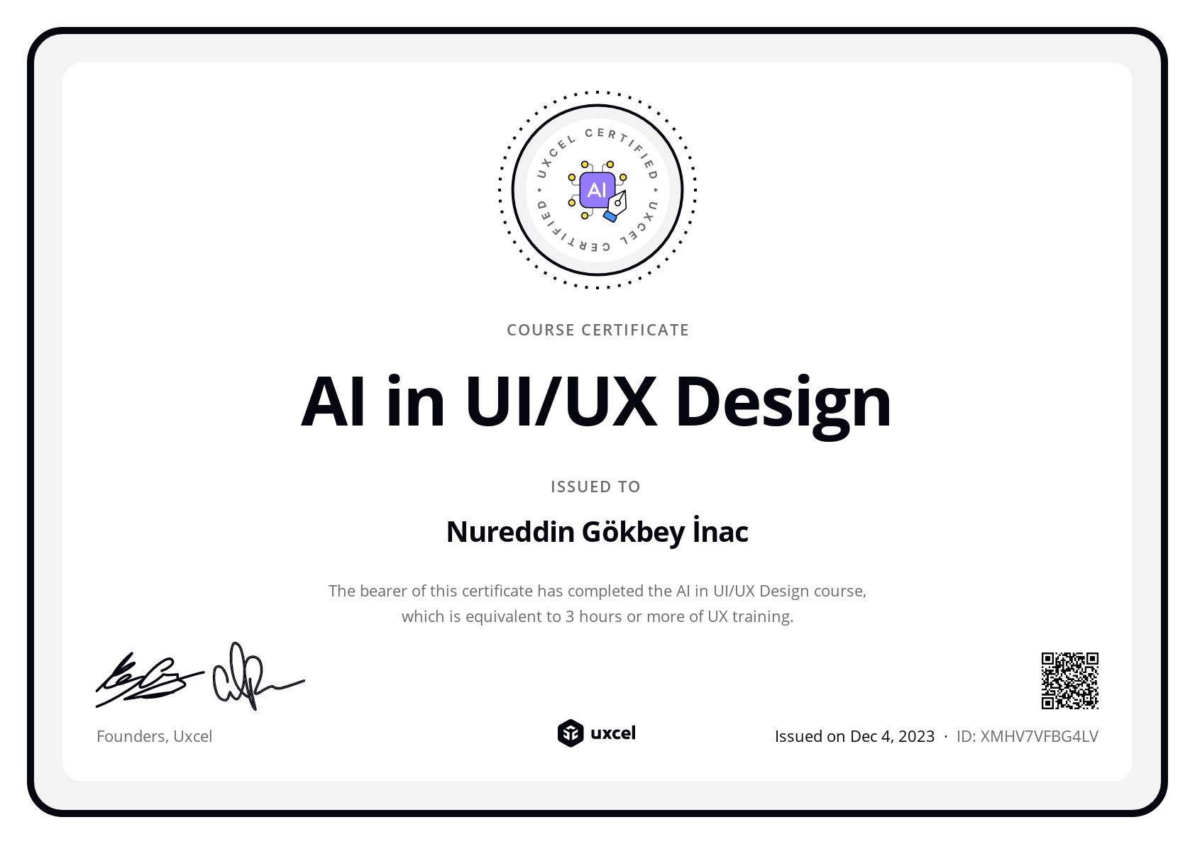 Nureddin Gökbey İnac's certificate